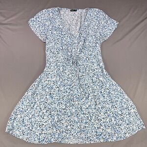 Cotton On Twist Front Womens XS Blue White Floral Mini Dress Short Sleeve Casual